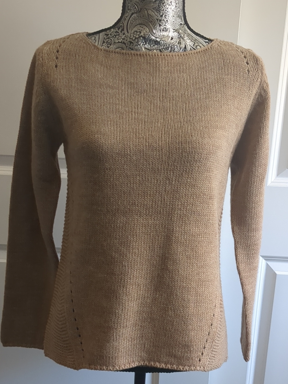New! Bianca B. Tan LS Wool Blend Hi/Lo Tunic Sweater w Crochet Back Detailing